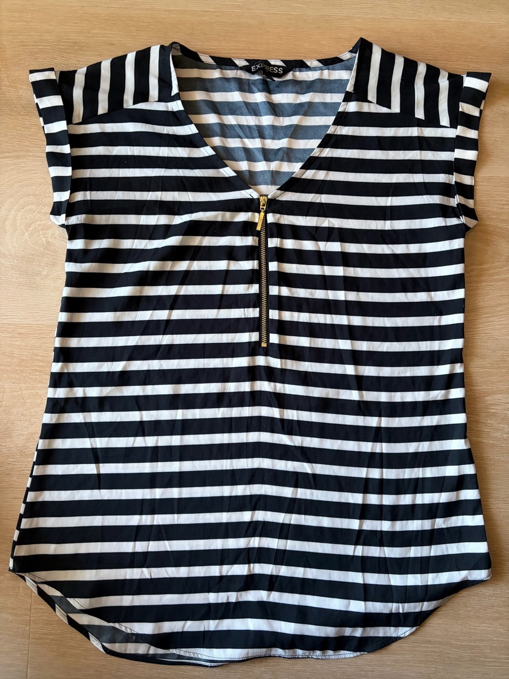 Express Black White Striped Gold Zip Front Blouse XS
